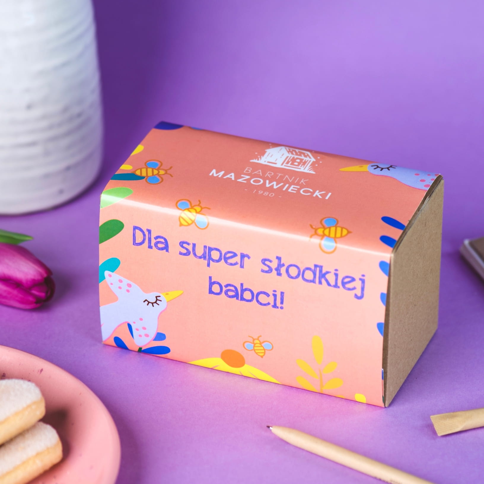 Zestaw dwóch miodów na Dzień Babci i Dziadka 2 x 250g z owijką (owijka do wyboru)